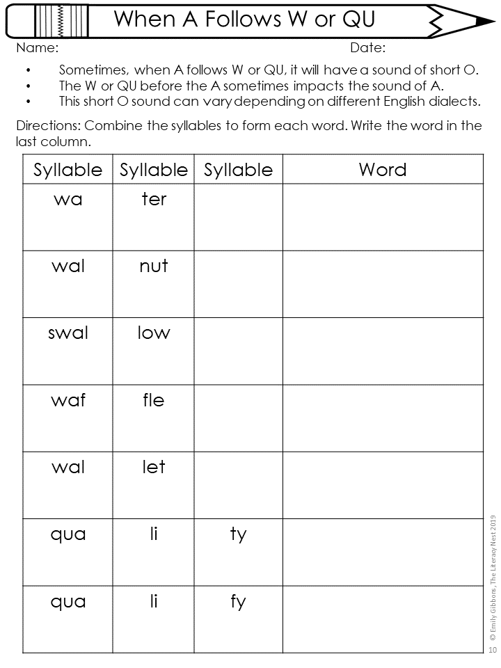 Advanced OrtonGillingham Activities for A Following W or Qu Word