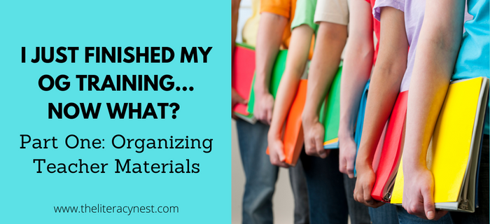 Featured image for a blog post about organizing teacher materials. a line of kids hold colorful binders. 