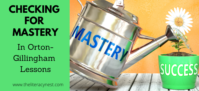This is a featured image for a blog post about mastery in Orton-Gillingham lessons. There is a watering can labeled mastery and a flower labeled success. 