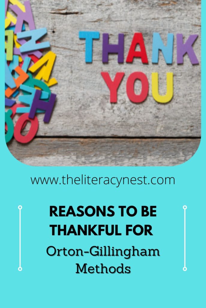 This is a pinnable image for a blog post about being thankful for O-G methods. It features colorful letters spelling out "Thank You"