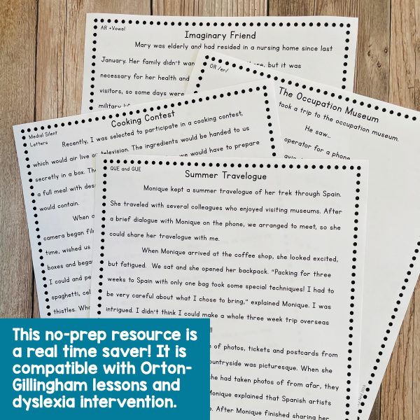 This image features sample pages from the Decodable Texts and Passages for Advanced Orton-Gillingham Lessons BUNDLE.