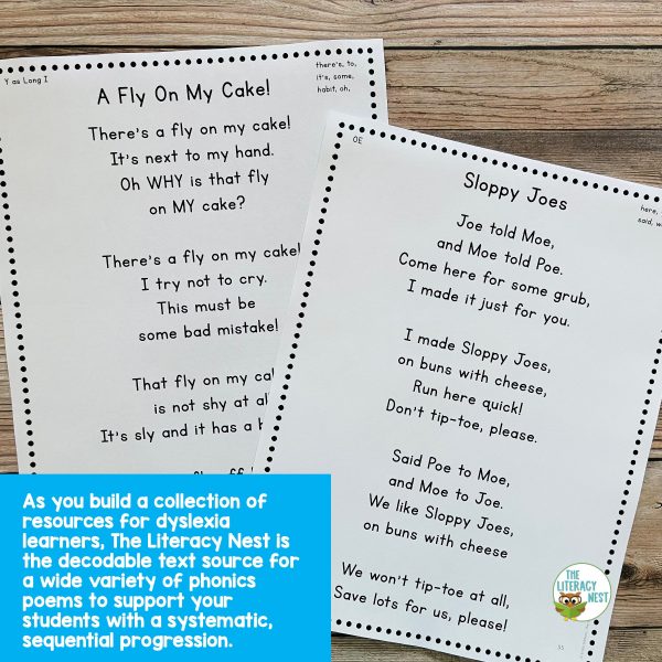 This image features sample pages from the Phonics Poems Decodable Poetry for Orton Gillingham Activities.