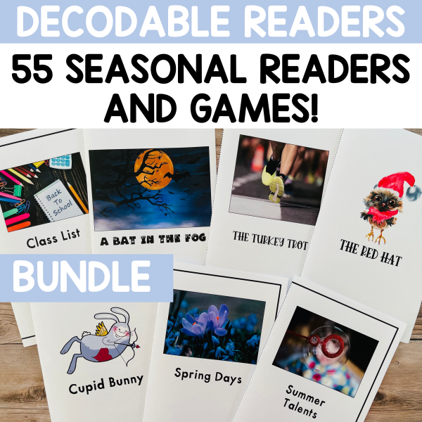 This image features sample pages from the Seasonal Decodable Readers for the Science of Reading BUNDLE.