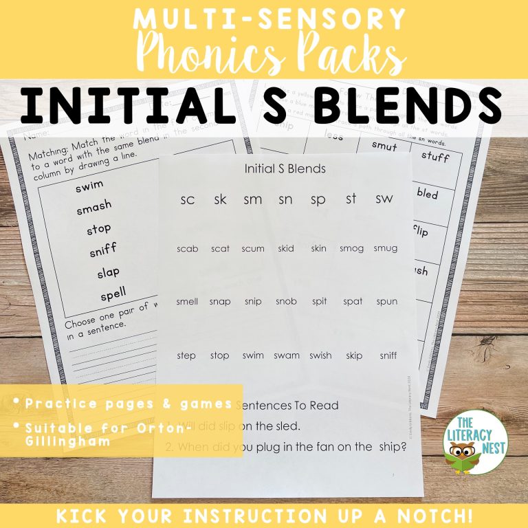 Consonant Blends (Initial S) Worksheets Activities for Orton-Gillingham Lessons