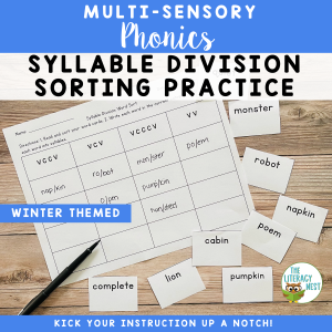 This is a featured image for the Syllable Division and Syllable Types Sorting Practice FREEBIE.