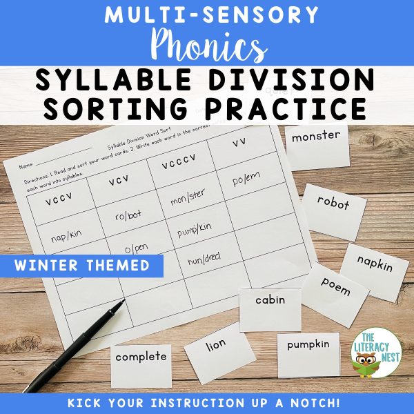 This image features a sample page from the Syllable Division and Syllable Types Sorting Practice FREEBIE.