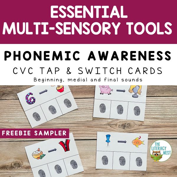 This image features sample pages from the Phonemic Awareness: FREEBIE Cards.
