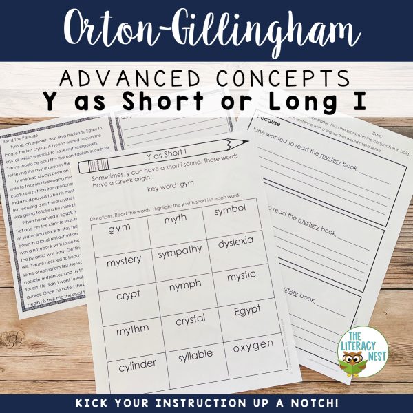 This image features a sample page from the Advanced Orton-Gillingham Activities Y Sounds (short I and long I) resource.