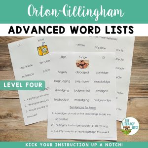 Sample pages from the Orton-Gillingham advanced word list bundle.