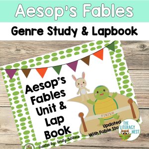 This is a featured image for the Aesops Fables Bundle. There is an sample page from the bundle.