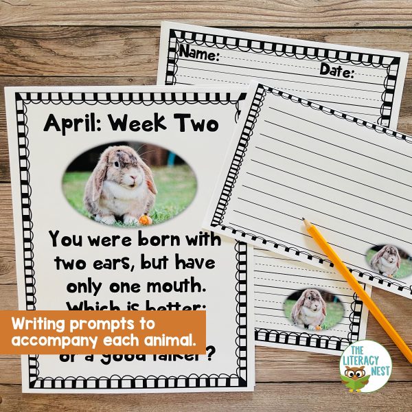 This image features sample pages for the Literacy Centers: April product.