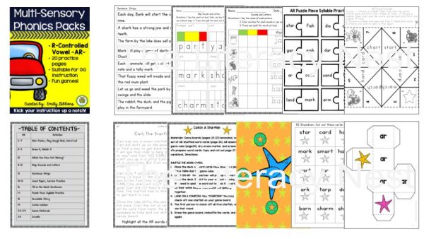 This image features sample pages from the R-control vowels games bundle.