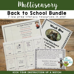 This image features sample pages from the Literacy Centers: Back To School bundle.
