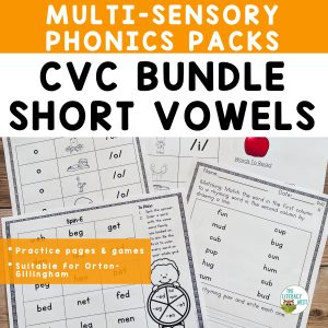 This image features sample pages from the CVC Games, Worksheets and Activities for Orton-Gillingham lessons BUNDLE.