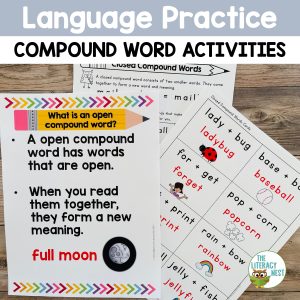 This image features sample pages from the Compound Words: Practice Sheets.