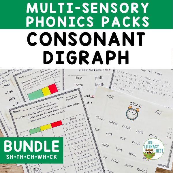 This image features sample pages from the Digraphs Worksheets and Activities for Orton-Gillingham Lessons BUNDLE.