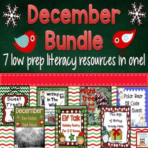 This image features sample images from the December Literacy Centers bundle.