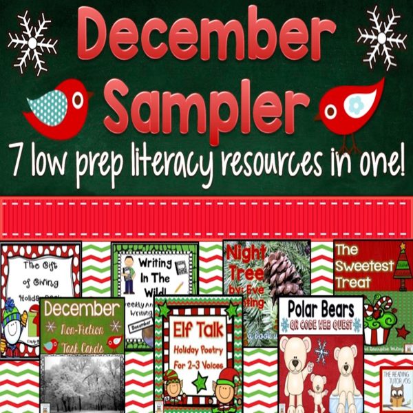 This image features sample images from the December Literacy Bundle.