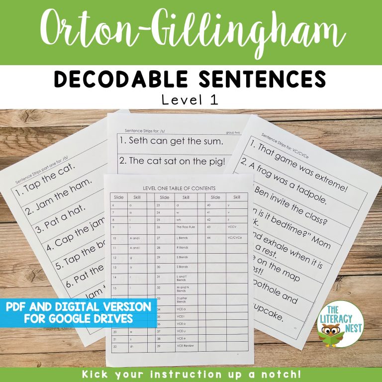 Decodable Sentences for Orton-Gillingham Lesson Plans Level 1