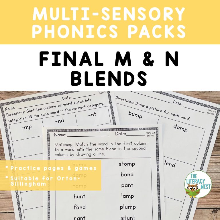 Consonant Blends Final M and N Worksheets Activities for Orton-Gillingham Lessons