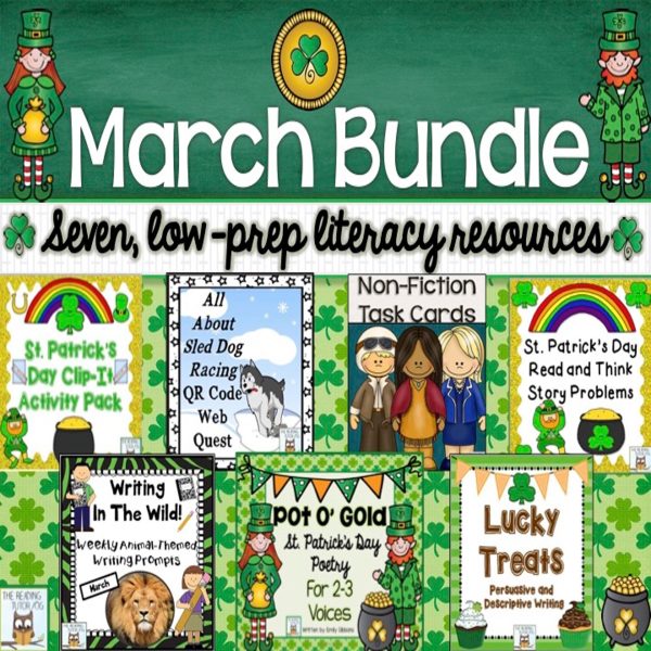 This image features sample images from the March Literacy Centers Bundle.