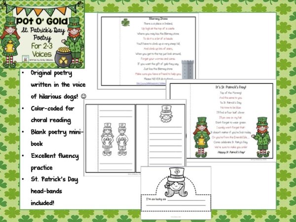 This image features sample images from the March Literacy Centers Bundle.