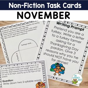 Thanksgiving writing activities and reading task cards