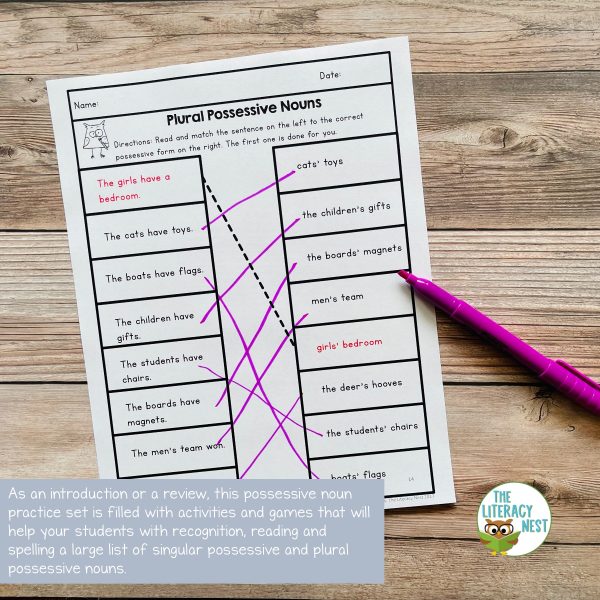 This image features sample pages for the Possessive Noun Practice Worksheets, Posters, Activities & Games product.