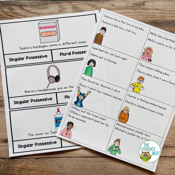 This image features sample pages for the Possessive Noun Practice Worksheets, Posters, Activities & Games product.