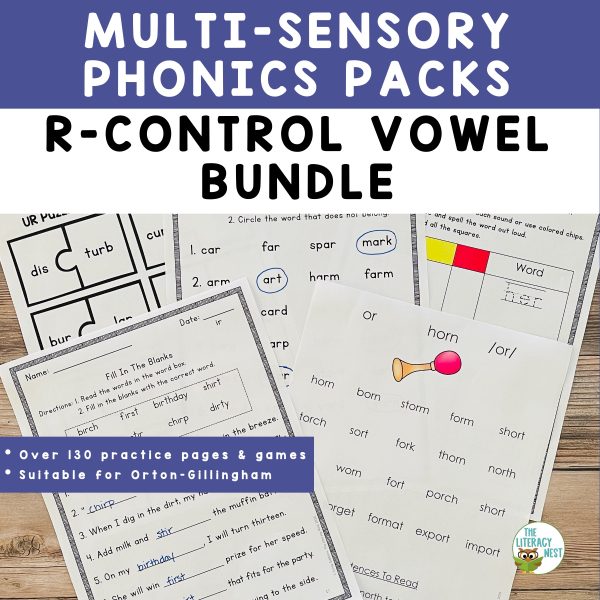 This image features sample pages from the R-control vowel bundle.