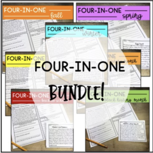 This image features sample pages from the upper elementary, reading comprehension bundle.