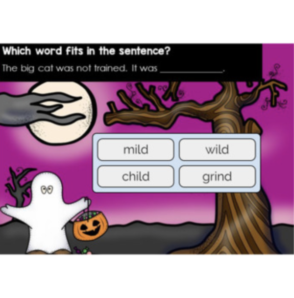 This is a sample image from the Boom Cards FREEBIE: Closed Syllable Exception -ind, -ild, -old, -ost.