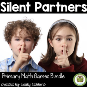 This is a featured image for the Silent Partners math game. It has two children holding a single finger to their lips and shushing.