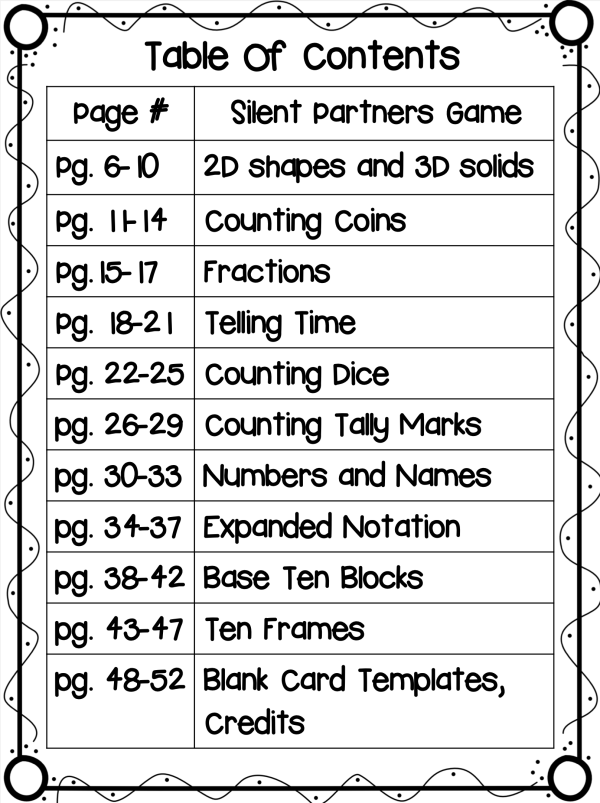 This image is a sample page from the Silent Partners math game.