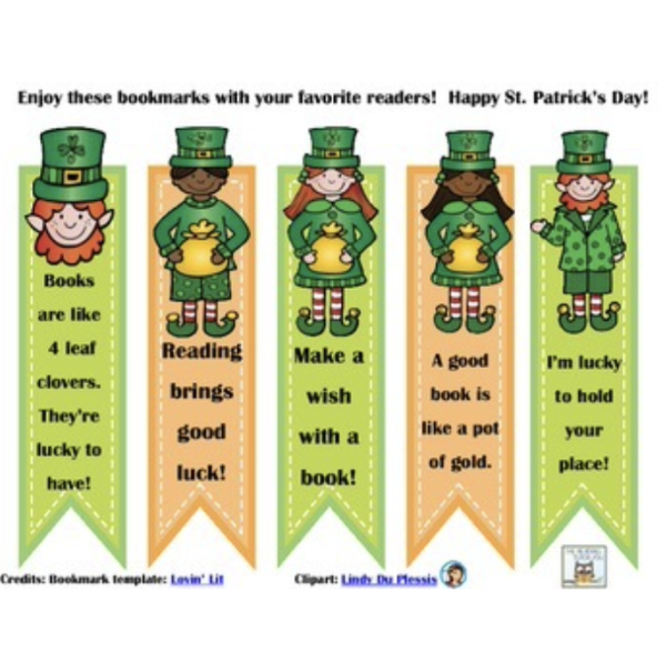 This image displays the five St. Patrick’s Day Bookmarks Freebie.