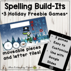 This is a featured image for the Holiday Activities: Spelling Tiles. It has a sample page from the freebie.