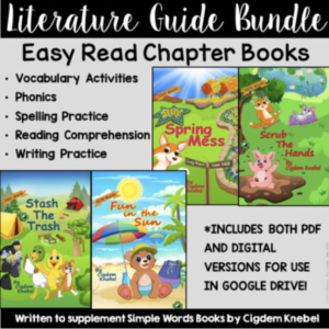 This image features photos of book covers and a list of resources included in the Simple Words Books Literature Guides Easy Read BUNDLE.