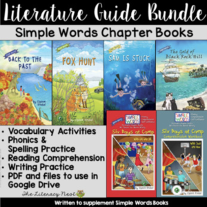 This image features pictures of book covers and a list of resources included in the Simple Words Chapter Books Literature Guides Bundle Part 1.