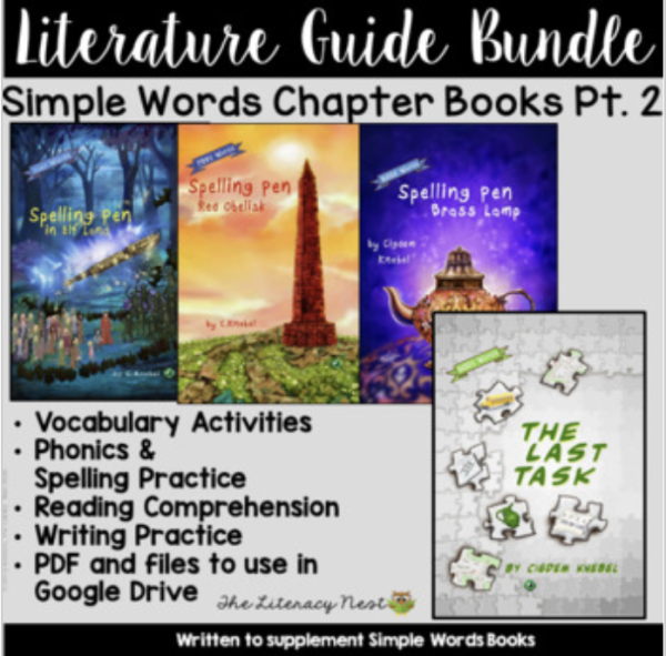 This image features pictures of book covers and a list of features in the Simple Words Chapter Books Literature Guides Bundle Part 2.