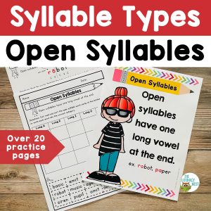 This image features sample pages from the syllable types product.