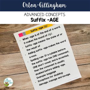 This image features a sample page from the Suffix -AGE for Advanced Orton-Gillingham Activities resource.