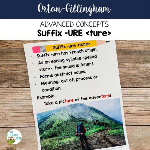 An image featuring a sample page from the Suffix -URE for Advanced Orton-Gillingham Activities resource.