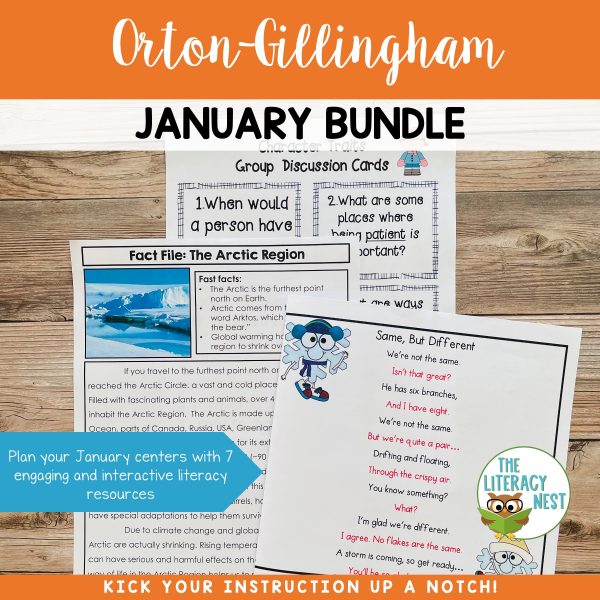 This image features sample pages from the Literacy Centers for Winter and January bundle.