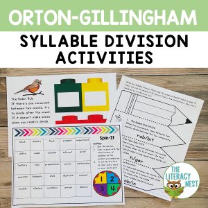 This image features sample pages from the syllable division activities product.