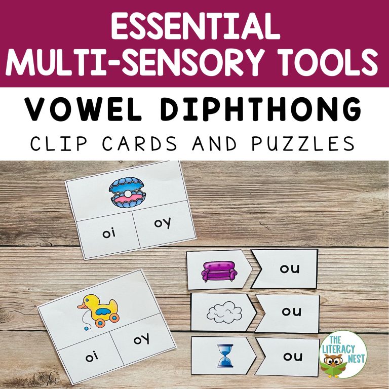 Sample pages from the Vowel Diphthongs clip cards.