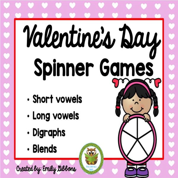 Check out this free Valentine's Day literacy game. It includes free spinner games to practice short and long vowels, digraphs and blends.