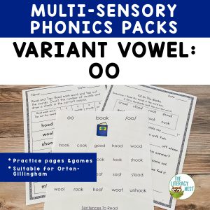 This is a featured image for the Vowel Teams OO phonics pack product.