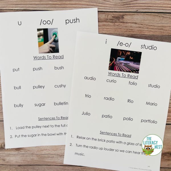 This image features sample pages from the Decodable Word Lists and Sentences for Orton-Gillingham Lessons Levels 1-5 bundle.
