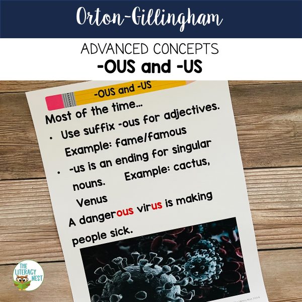 This image features a sample page of the Suffix -OUS and-US for Advanced Orton-Gillingham Activities resource.