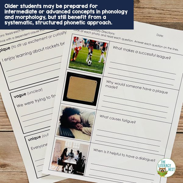 This image features a sample page from the Orton-Gillingham Activities For Older Students -QUE and -GUE resource.